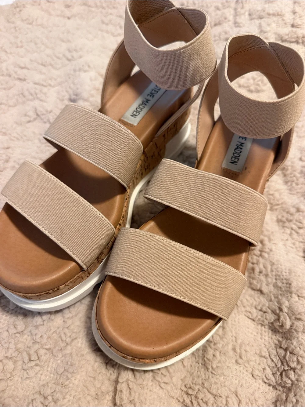 Steve Madden Neutral Beige Elastic Strap Wedge Sandals